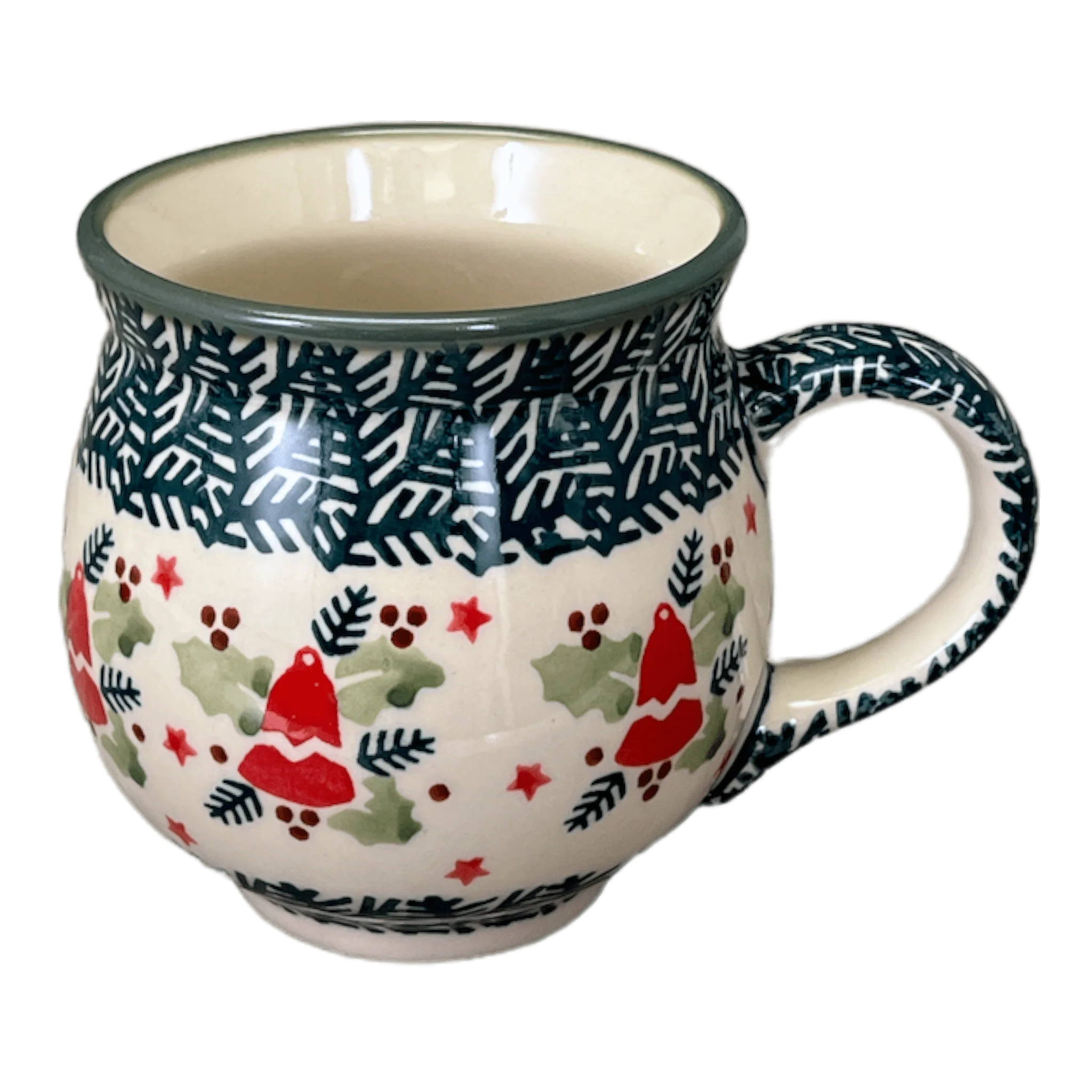 Mug, Belly Mug, 16 oz Large in "Evergreen Bells" by Manufaktura | K068U-PZDG